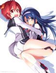  2girls ass bad_id bad_pixiv_id blue_eyes blue_hair brown_eyes brown_hair futaba_aoi_(vividred_operation) highres isshiki_akane long_hair multiple_girls national_shin_ooshima_school_uniform pemu_(artist) school_uniform short_hair short_shorts shorts vividred_operation 