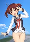 1_girl 1girl art blush bottomless breasts brown_eyes brown_hair female highres isshiki_akane koyomisa looking_at_viewer photo_background pussy school_uniform short_hair solo uncensored vividred_operation