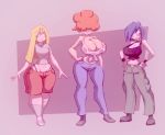 3girls afro blonde_hair blue_eyes blue_hair bracelet cleavage closed_eyes darnact ed,_edd,_'n'_eddy freckles hair kanker_sisters lee_kanker long_hair marie_kanker may_kanker multiple_girls orange_hair shiny shiny_skin short_hair shorts smile thong wide_hips