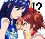 ! !? 1_boy 1boy 2_girls 2girls ? art blue_eyes blue_hair blush cheek_poking clothed_female_nude_male facejob friends futaba_aoi_(vividred_operation) hat head_out_of_frame hetero interrupted isshiki_akane ko-yan long_hair multiple_girls nude open_mouth out_of_frame penis penis_on_face poking precum short_hair sweat sweating twintails uniform vividred_operation