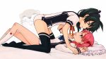  2_girls 2girls bad_id bad_pixiv_id black_eyes black_hair black_legwear blush hair_bobbles hair_ornament hair_ribbon highres isshiki_momo long_hair lying monmon multiple_girls national_shin_ooshima_school_uniform on_back pillow pink_eyes pink_hair ponytail ribbon saegusa_wakaba school_uniform shorts socks thighhighs twintails uso-kun vividred_operation white_legwear widescreen yuri 