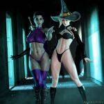 2_girls 3d blankpins female_only fit_female grey_skin halloween legacy_of_kain mercy_(overwatch) overwatch pharah purple_panties spooky sword umah undead vampire witch witch_costume witch_hat