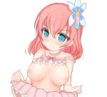  1girl anime aqua_eyes arykei blush breasts choker flower hair_flower hair_ornament highres large_breasts nipples no_game_no_life pink_hair shiny shiny_skin short_hair simple_background solo stephanie_dora white_background 