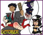 1boy 3_girls bottomless cat_ears crossover danny_phantom dc_comics devil_horns gwen_(tdi) halloween halloween_costume hat raven_(dc) red_ass samantha_manson spank spanking teen_titans total_drama_island witch_hat