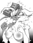 1_girl 1girl 2020 anthro blush bodily_fluids breasts canid cheek_tuft chest_tuft disembodied_hand duo erect_nipples facial_tuft falvie female fur furry high_res holding_object mammal money monochrome nipples sweat sweatdrop tuft