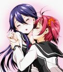 2girls blush chestnut_mouth closed_eyes female female_only friends hair hair_between_eyes hickey isshiki_akane kiss kuroki_rei long_hair multiple_girls mytyl open_mouth pink_hair purple_hair school_uniform scrunchie short_hair tattoo tears twintails vividred_operation wrist_grab yuri