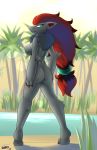 ass black_fur breasts devo87 female fur furry green_eyes grey_fur hair looking_at_viewer nintendo nipples nude pokemon pokephilia pussy red_hair solo video_games water zoroark