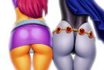 2girls ass ass_focus belt cloak dat_ass dc_comics drew_gardner_(artist) female_only grey_skin leotard miniskirt orange_skin raven_(dc) red_hair starfire straight_hair superheroine teen_titans young_adult