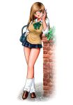 1girl bag breasts brown_hair cellphone green_eyes large_breasts long_hair loose_socks open_mouth original phone pleated_skirt school_uniform serafuku shingyouji_tatsuya skirt sleeves_rolled_up smile socks solo vest white_background