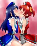  2girls ahoge arm arms art bare_legs bare_shoulders belt between_legs blue_hair blush brown_hair closed_eyes couple dress female french_kiss friends futaba_aoi_(vividred_operation) gloves hair hairband hand_holding hands_clasped hat headgear highres interlocked_fingers isshiki_akane kiss kissing legs long_hair love multiple_girls open_mouth pink_background red_hair redhead saliva scrunchie short_hair short_shorts short_twintails shorts skytocket2 tongue twintails uniform vividred_operation yuri 