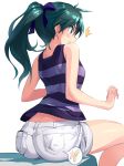 /\/\/\ 1_girl 1girl art ass bare_shoulders blush female from_behind green_eyes green_hair hair_ornament hair_ribbon hairclip highres long_hair michairu ponytail ribbon saegusa_wakaba shirt shorts sitting solo striped striped_shirt sweatdrop vividred_operation