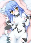  1girl animal_ears anthro blue_hair blush borrowed_character breasts collar furry fuurin_rei kokujuuji long_hair looking_at_viewer lying nipples nude on_back original pussy smile solo tail white_skin yellow_eyes 