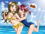  2_girls 2girls bad_id bad_pixiv_id beach bikini breast_grab breast_hold breasts brown_eyes brown_hair closed_eyes day female_only food grabbing_from_behind groping highres isshiki_akane long_hair multiple_girls ocean red_hair saegusa_wakaba school_swimsuit shinomiya_himawari short_hair swimsuit tied_hair tomato twin_tails vividred_operation vzmk2 water yuri 