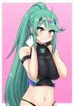 1girl alluring big_breasts black_panties black_tank_top breasts core_crystal gloves green_eyes green_hair hair_ornament hairband highleg highleg_panties looking_at_viewer midriff navel nintendo panties pneuma_(xenoblade) ponytail tank_top the_only_shoe xenoblade_(series) xenoblade_chronicles_2