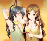  2girls armpits arms_up bad_id bad_pixiv_id bdsm black_hair blue_eyes blush bondage bound breasts brown_hair cleavage highres leash long_hair medium_breasts multiple_girls saegusa_wakaba saliva shinomiya_himawari small_breasts smile tamaoki_benkyou vividred_operation yellow_eyes yuri 