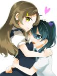 2_girls 2girls arm arms art blush brown_hair dress female friends green_eyes green_hair hairclip heart hug hugging long_hair looking_at_viewer looking_back love multiple_girls nakaya_106 necktie open_mouth ponytail saegusa_wakaba shinomiya_himawari shirt simple_background smile vividred_operation white_background wink yellow_eyes yuri