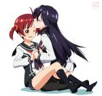  2girls art ass black_hair blush closed_eyes feet female forehead_kiss friends hair isshiki_akane kiss kissing kueru kueru_(yuuki_tamerawanai) kuroki_rei long_hair multiple_girls no_shoes open_mouth red_eyes red_hair scarf school_uniform serafuku short_hair short_shorts shorts smile socks thighhighs twintails vividred_operation wince yuri 