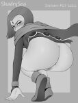 1girl 1girl 2022 anus ass ass_focus belt black_and_white blush boots butt_focus cloak dat_ass dc_comics female_only inktober leotard monochrome pussy rachel_roth raven_(dc) shadrysea tagme teen_titans torn_leotard