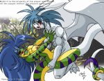  anthro blue_hair breasts chalo chalodillo chalosan curvy_figure cute_fangs female flower_in_hair furry gecko geecku green_body las_lindas las_lindas_(series) lizard multicolored_body mythrill_(oc) non-mammal_breasts reptile scalie scalie_milf striped_body stripes thick_tail vaginal webcomic webcomic_character yellow_body yellow_eyes 