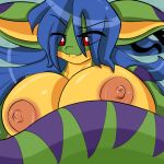 anthro blue_hair breasts chalo chalodillo chalosan curvy_figure cute_fangs female flower_in_hair furry gecko geecku green_body las_lindas las_lindas_(series) lizard multicolored_body non-mammal_breasts reptile scalie striped_body stripes thick_tail webcomic webcomic_character yellow_body yellow_eyes