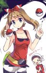 1boy 1girl alternate_costume armpits belt blue_eyes breasts brown_hair collarbone ears happy haruka_(pokemon) hat hips korean nintendo open_mouth poke_ball pokemon pokemon_oras ribbon small_breasts smile teeth tongue wristband yuuki_(pokemon)