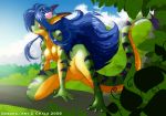 anthro blue_hair breasts chalo chalodillo chalosan curvy_figure cute_fangs female flower_in_hair furry gecko geecku green_body las_lindas las_lindas_(series) lizard multicolored_body non-mammal_breasts reptile scalie striped_body stripes thick_tail webcomic webcomic_character yellow_body yellow_eyes