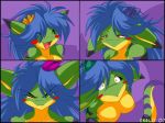 anthro blue_hair breasts chalo chalodillo chalosan curvy_figure cute_fangs female flower_in_hair furry gecko geecku green_body las_lindas las_lindas_(series) lizard multicolored_body non-mammal_breasts reptile scalie striped_body stripes thick_tail webcomic webcomic_character yellow_body yellow_eyes