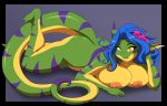 anthro blue_hair breasts chalo chalodillo chalosan curvy_figure cute_fangs female flower_in_hair furry gecko geecku green_body huge_breasts las_lindas las_lindas_(series) lizard multicolored_body non-mammal_breasts reptile scalie striped_body stripes thick_tail webcomic webcomic_character yellow_body yellow_eyes