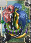 3_toes anthro big_breasts blue_hair breasts chalo chalodillo chalosan curvy_figure cute_fangs female fins flower_in_hair furry gecko geecku green_body las_lindas las_lindas_(series) lizard long_hair multicolored_body non-mammal_breasts orca pink_hair red_eyes reptile scalie striped_body stripes tail thick_tail two_tone_skin webcomic webcomic_character xeánica_(las_lindas) yellow_body yellow_eyes yellow_sclera