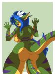  1girl anthro anthro_only big_breasts blue_hair breasts chalo chalodillo chalosan curvy_figure cute_fangs female female_only flower_in_hair furry gecko geecku green_body las_lindas las_lindas_(series) lizard multicolored_body non-mammal_breasts reptile scalie striped_body stripes thick_tail topless_female webcomic webcomic_character yellow_body yellow_eyes 