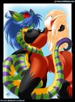  2girls anthro blue_hair breasts chalo chalodillo chalosan character_request curvy_figure cute_fangs female flower_in_hair furry gecko geecku green_body huge_breasts las_lindas las_lindas_(series) lizard multicolored_body non-mammal_breasts reptile scalie scalie_milf striped_body stripes thick_tail webcomic webcomic_character yellow_body yellow_eyes 