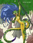  anthro blue_hair breasts chalo chalodillo chalosan curvy_figure cute_fangs female flower_in_hair furry gecko geecku green_body las_lindas las_lindas_(series) lizard multicolored_body non-mammal_breasts reptile scalie striped_body stripes thick_tail webcomic webcomic_character yellow_body yellow_eyes 