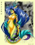  anthro blue_hair breasts chalo chalodillo chalosan curvy_figure cute_fangs female flower_in_hair furry gecko geecku green_body las_lindas las_lindas_(series) lizard multicolored_body non-mammal_breasts reptile scalie striped_body stripes thick_tail webcomic webcomic_character yellow_body yellow_eyes 