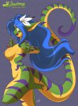  anthro blue_hair breasts chalo chalodillo chalosan curvy_figure cute_fangs female flower_in_hair furry gecko geecku green_body las_lindas las_lindas_(series) lizard multicolored_body non-mammal_breasts reptile scalie striped_body stripes thick_tail webcomic webcomic_character yellow_body yellow_eyes 