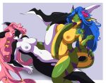  3_toes anthro big_breasts blue_hair breasts chalo chalodillo chalosan curvy_figure cute_fangs female fins flower_in_hair furry gecko geecku green_body las_lindas las_lindas_(series) lizard long_hair multicolored_body non-mammal_breasts orca pink_hair red_eyes reptile scalie scissoring striped_body stripes tail tail_sex thick_tail tribadism two_tone_skin webcomic webcomic_character xe&aacute;nica_(las_lindas) yellow_body yellow_eyes yellow_sclera yuri 