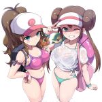 1:1 2020 2020s 2_girls armband backpack bag baseball_cap bent_wrist big_breasts bikini blue_bikini blue_eyes breast_size_difference breasts brown_hair cleavage clothing double_bun female_focus female_only grin hand_on_hip hat hilda_(pokemon) human innertube kasai_shin long_hair long_ponytail long_twintails looking_at_viewer medium_breasts nintendo one_eye_closed pink_bikini pokemon pokemon_(species) pokemon_bw pokemon_bw2 ponytail rosa_(pokemon) see-through see-through_clothing shirt simple_background smile snivy standing swimsuit tagme teen teeth tepig tied_hair tied_shirt tomboy twin_tails video_game_character video_game_franchise visor_cap wavy_hair wet wet_clothes wet_shirt white_background wink wristband wristwear