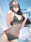  1girl alluring bare_legs bikini black_hair blue_sky brown_eyes morag_ladair nintendo noblewoman&#039;s_hat ocean one-piece_bikini xenoblade_(series) xenoblade_chronicles_2 zambonito 