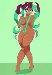  ass barefoot blush breasts crossed_legs green_eyes green_hair grin limbros marina_(splatoon) nintendo purple_hair sling_bikini smile splatoon swimsuit thick_thighs two_tone_hair v_string_bikini 