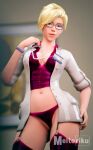  1girl 3d 3d_(artwork) angela_ziegler blender blender_(software) blizzard_entertainment blonde blonde_female blonde_hair blue_eyes breasts cute doctor glasses high_res light-skinned_female light_skin lingerie looking_away meltoriku mercy_(overwatch) naughty_face nurse nurse_uniform outfit overwatch overwatch_2 pose posing pussy rubber rubber_clothing rubber_suit smile solo_female solo_focus standing stockings thighs 