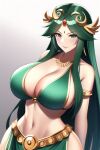 1girl alluring big_breasts cleavage clothed clothing curvy curvy_figure female_only goddess green_bra green_eyes green_hair harem_outfit kid_icarus kid_icarus_uprising light-skinned_female long_hair looking_at_viewer mostly_nude nightcore_(artist) nintendo palutena seductive_smile shiny_hair shiny_skin standing voluptuous wide_hips