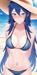  1girl alluring badtimer beach bikini blue_hair blue_sky breasts cleavage female_only fire_emblem fire_emblem_awakening looking_at_viewer lucina lucina_(fire_emblem) nintendo ocean 