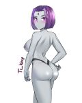 1girl ass big_ass blush breast dat_ass dc_comics grey_skin looking_at_viewer looking_back nipple purple_eyes purple_hair raven_(dc) short_hair sideboob simple_background standing tagme teen_titans thong ti_keep topless white_background