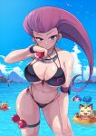  1girl 1girl 2021 alternate_breast_size big_breasts big_breasts bikini black_bikini blue_eyes blue_sky breasts cleavage clothed_female cramorant earrings female_focus front-tie_bikini green_earrings hips holding_object huge_breasts human james_(pokemon) jessie_(pokemon) kasai_shin kojirou_(pokemon) long_hair male/female male_with_female male_with_male mature mature_female meowth musashi_(pokemon) nintendo nyarth outside panties pikachu poke_ball pokemon pokemon_(anime) red_hair side-tie_bikini slim_waist solo_female standing swimming swimsuit tagme team_rocket thick_thighs thighband thighs video_game_franchise wailmer wide_hips wobbuffet 