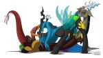  1boy 1girl changeling discord_(mlp) draconequus erection forked_tongue friendship_is_magic horns implied_cunnilingus interspecies licking_penis long_tongue male/female my_little_pony mysticalpha oral penis pussy_juice queen_chrysalis tail vaginal_juices white_background wings 