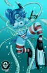  1girl asphyxiation bikini_bottom blue_hair bondage drowning flippers legwear leviathan_(skullgirls) nipples ocean panties panties_aside scuba sex skullgirls snorkel squigly_(skullgirls) stockings striped_legwear tentacle thearashi topless underwater underwater_sex vaginal_penetration water 