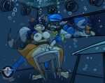  1boy 1girl 2020 anthro asphyxiation blue_hair bondage breath_holding breathplay bubble carmelita_fox chair drowning fox furry glass gloves grey_fur hat interrogation male nipples nude orange_fur police_badge puffed_cheeks raccoon rope scuba sly_cooper sly_cooper_(series) smooth_fur sony_corporation sony_interactive_entertainment sucker_punch_productions table thearashi underwater water watermark 