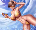  1female 1girl big_breasts bikini blizzard_entertainment breasts brown_eyes brown_hair cleavage day eyewear feet female_only fitness flowerxl light-skinned_female light_skin looking_at_viewer ocean overwatch smile stockings tracer_(overwatch) video_game_character voluptuous voluptuous_female yellow_bikini 