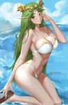 1girl alluring big_breasts bikini breasts clouds goddess green_eyes green_hair high_heels kid_icarus kid_icarus_uprising kneel long_hair looking_at_viewer midriff milf navel nintendo ocean outside palutena porblee sky swimsuit tiara water white_bikini white_swimsuit