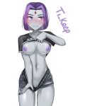  1girl big_breasts blush breasts dc_comics flashing grey_skin looking_away navel nipples no_bra no_panties no_underwear purple_eyes purple_hair pussy raven_(dc) shirt shirt_lift shirt_pull short_hair shorts shorts_pull shy simple_background standing teen teen_titans ti_keep white_background 