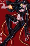 boots braids collar futanari gun intersex knee_high leather nipples red_background shadman simple_background tattoo weapon